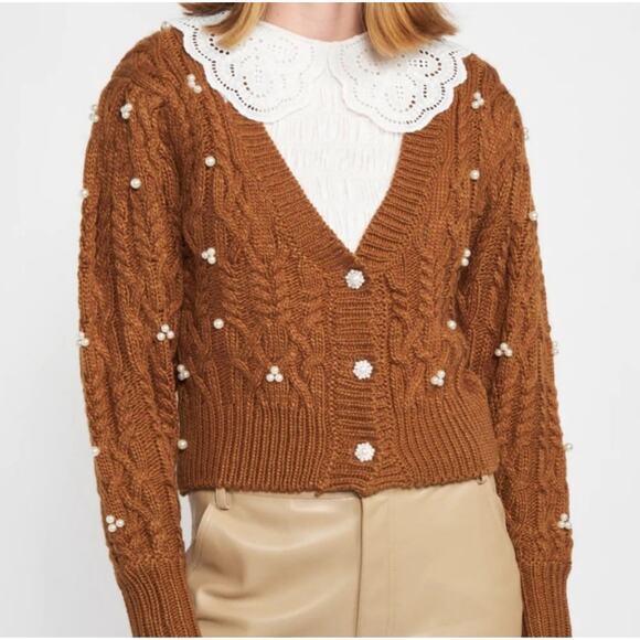 En Saison Sweaters - En Saison Women's Cropped Puff Sleeve Pearl Accent V Neck Cardigan Brown Size XS